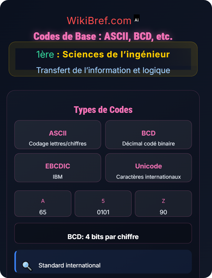 Codes de base : ASCII, BCD, etc. Codage de l’information