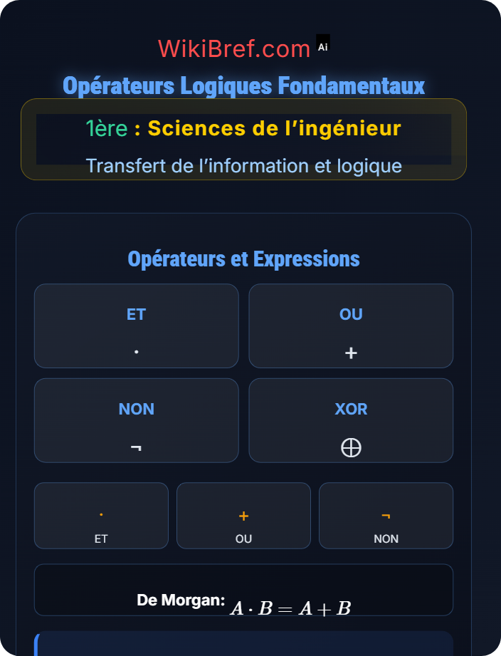 Opérateurs logiques fondamentaux Logique combinatoire